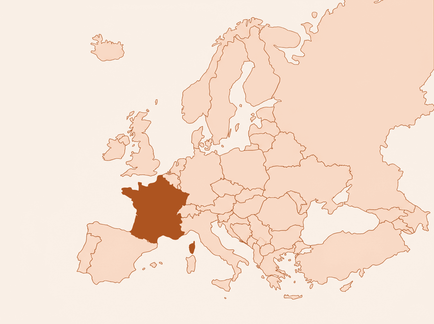 Stylized map of Europe with France highlighted in terracotta, marking the EMEA jurisdictions covered